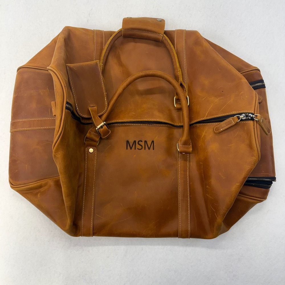 Mens Leather Duffel Bag Brown Weekend Travel Luggage Shoe Compartment Monogram